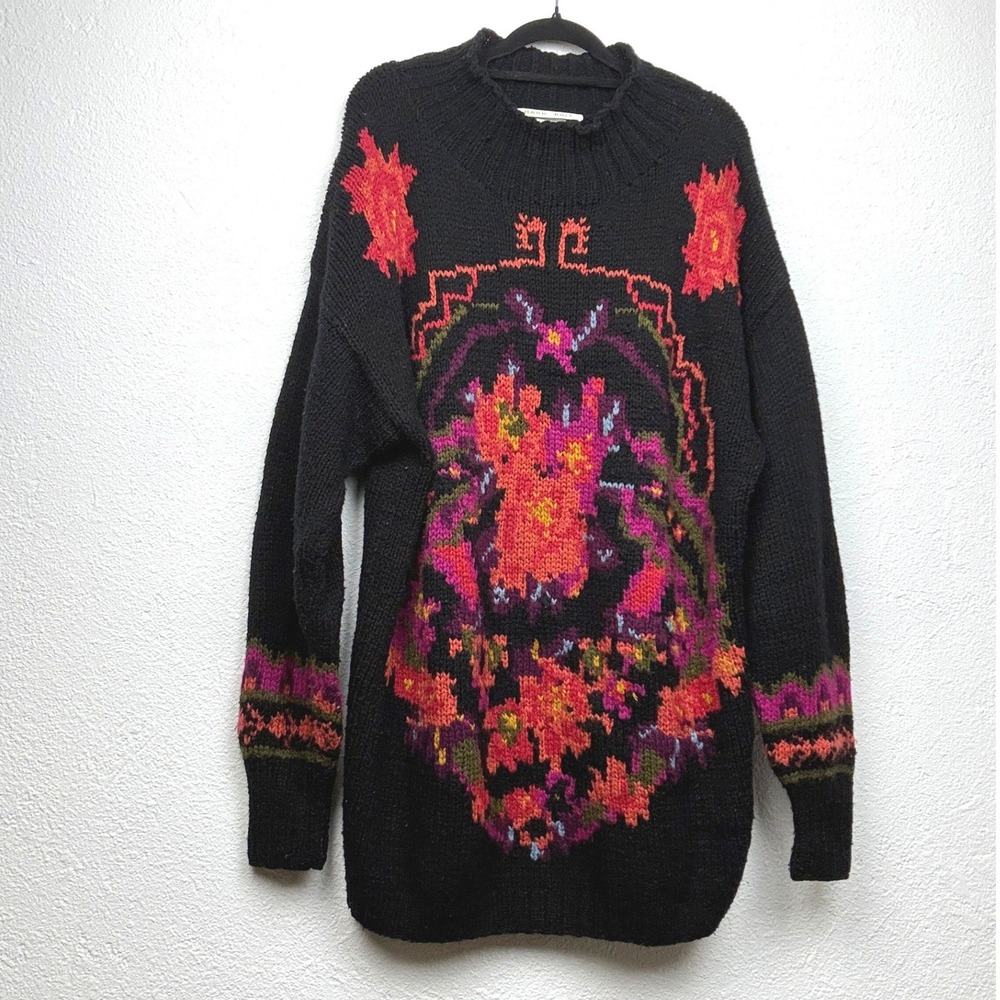 Ivy Black Hand Knit Floral Intarsia Sweater - L - Vintage Oversized Boho Retro